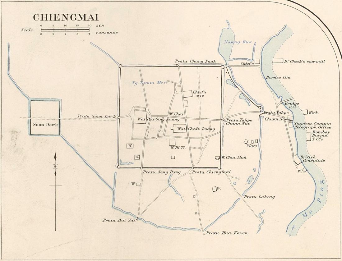 Chiang Mai City map of 1900. The city was also called Chiengmai in Thailand. The front of the temple faces east on the newly built Chang Moi Road, where Mae Kha Canal flows through. Along the second c