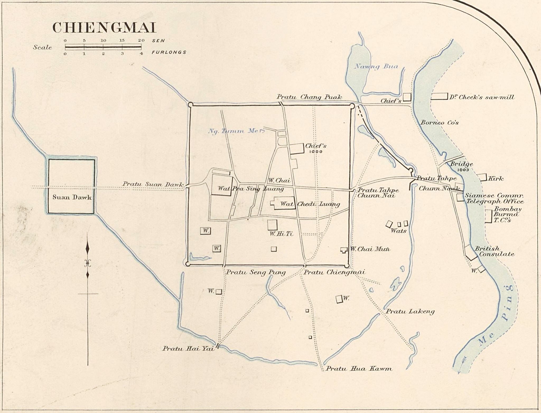 Chiang Mai City map of 1900. The city was also called Chiengmai in Thailand. The front of the temple faces east on the newly built Chang Moi Road, where Mae Kha Canal flows through. Along the second c