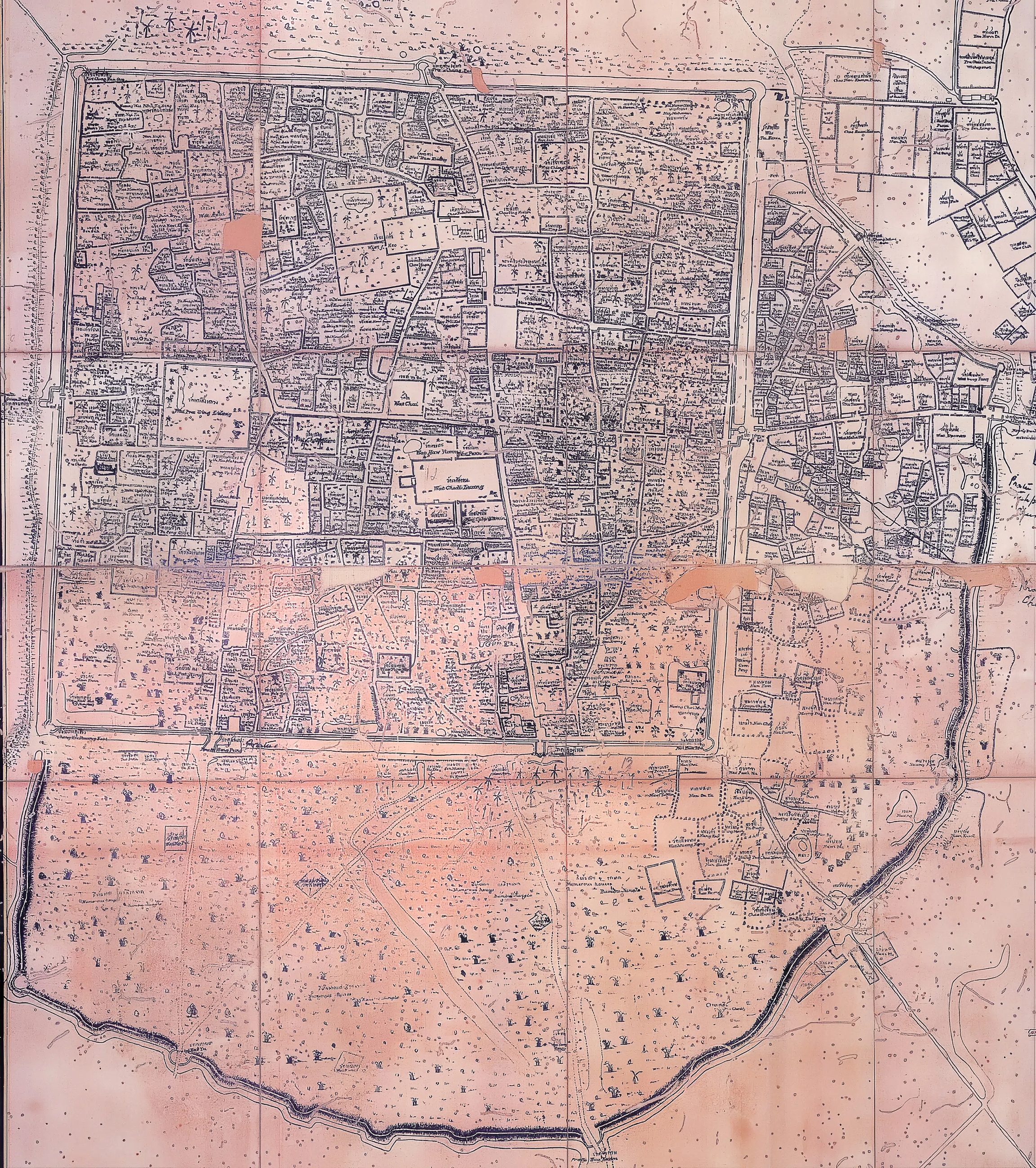 Historic map of Chiang Mai city for King Inthawichayanon (1817-1897), dated 1893. The city was protected by an inner wall (brick wall), an outer wall (earth wall), 2 moats and multiple city gates. Eac