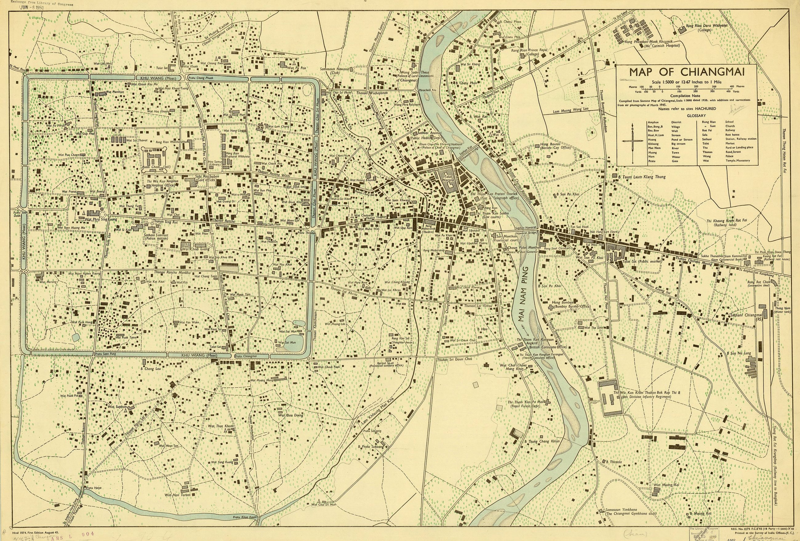 Old map of Chiang Mai (Thailand) in 1945. Printed at the Survey of India Offices. Size: 57 x 87 cm. Scale:
1:5,000. Repository: American Geographical Society Library, University of Wisconsin-Milwauk