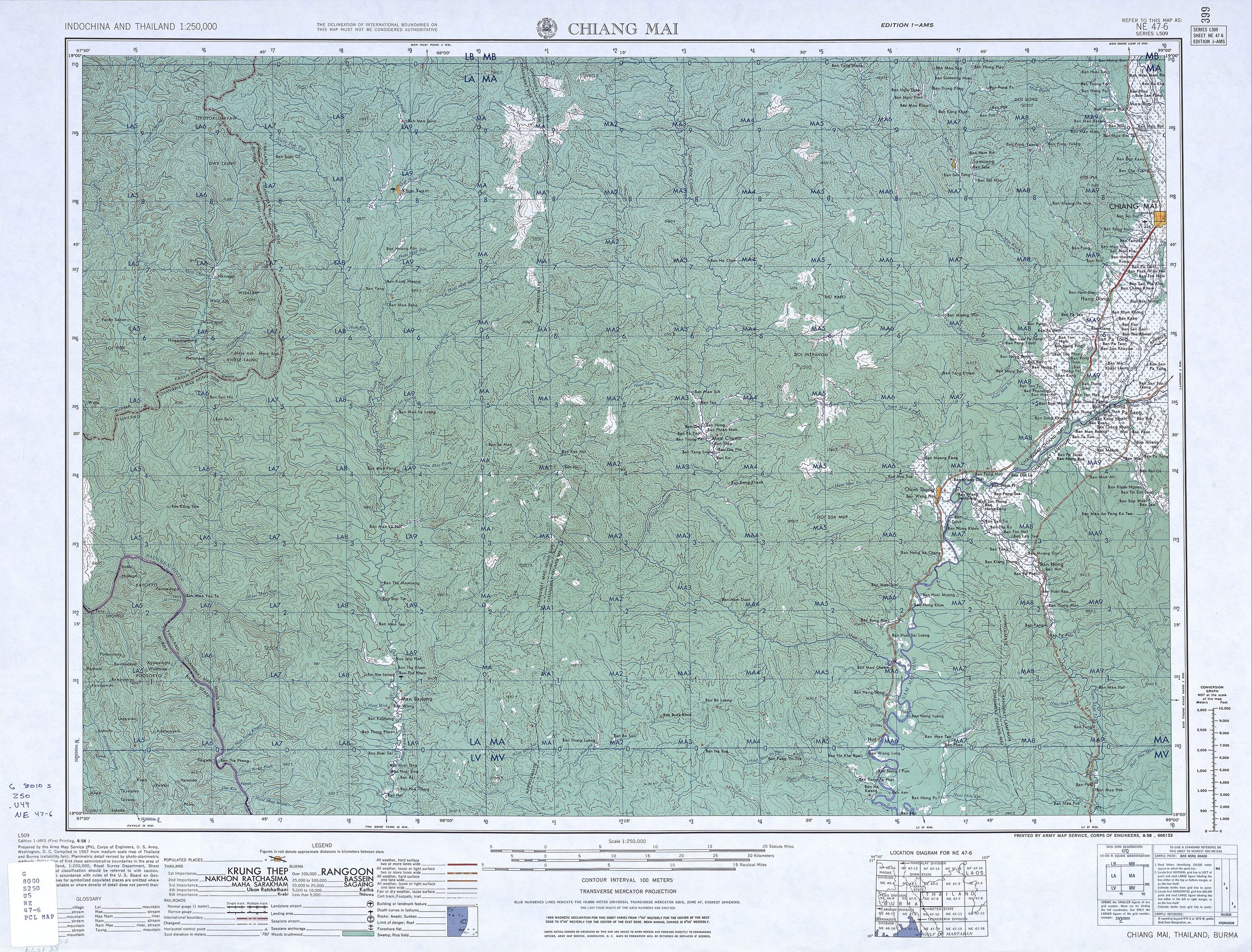 NE 47-6 Chiang Mai - (6.9 MB) - Indochina and Thailand, Series L509, 1:250,000, U.S. Army Map Service, 1954-