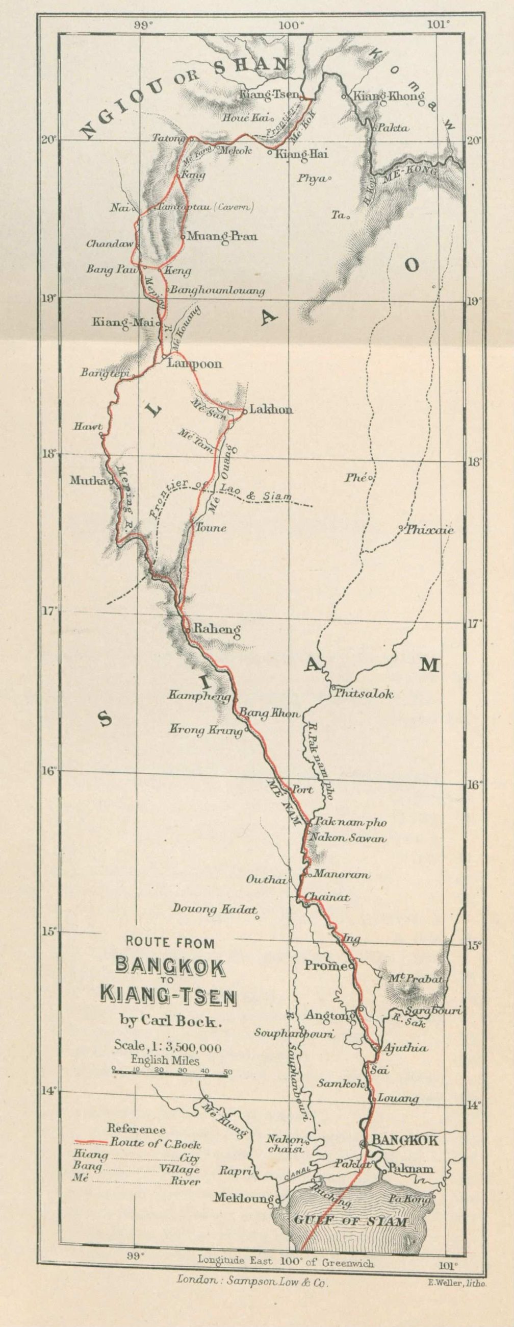 The Norwegian explorer Carl Bock travelled through Thailand in 1881 with the support of King Chulalongkorn (Rama V). This map shows his route from Bangkok to Chiang Saen (Kiang-Tsen). From the book Te