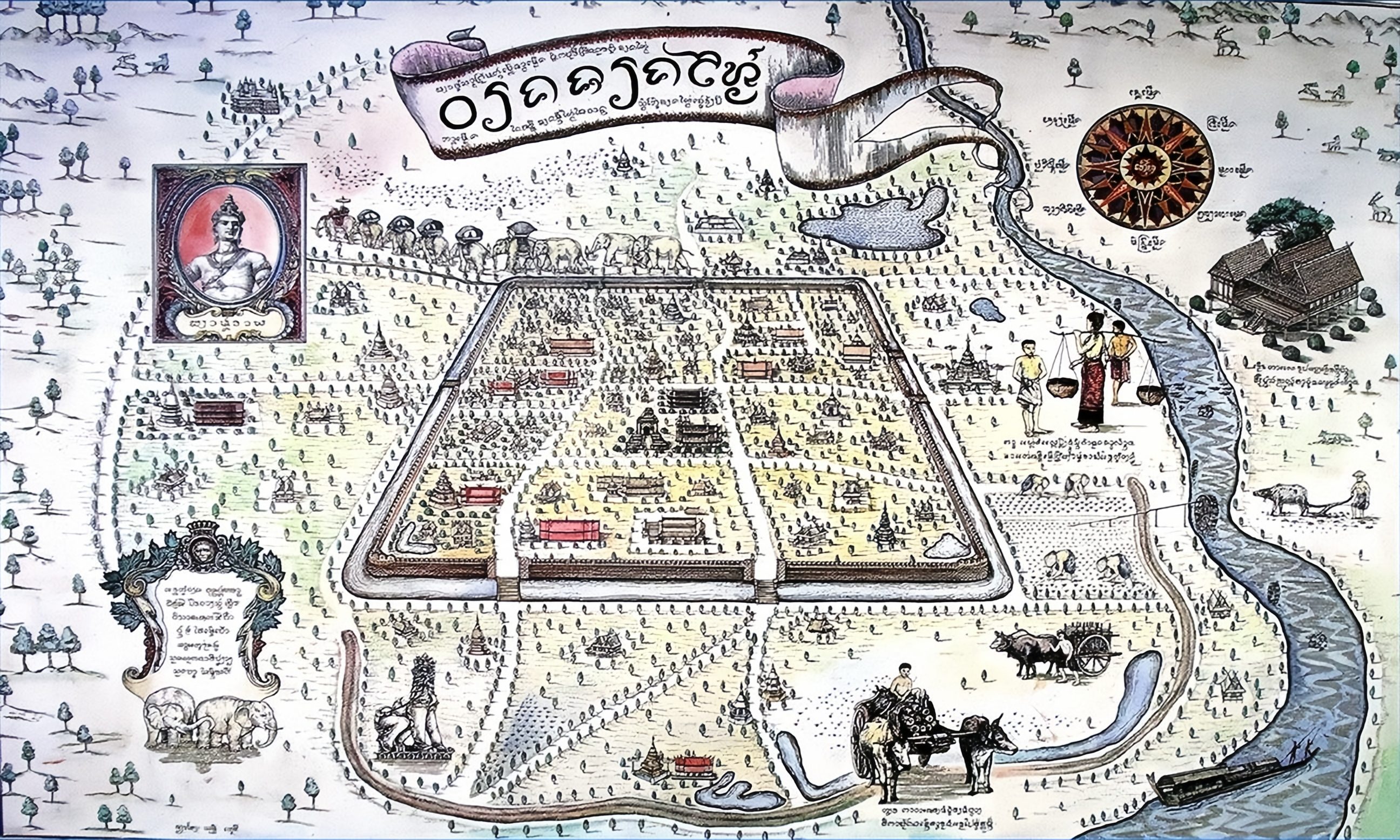 Chiang Mai City old map during the Lan Na kingdom (in Thailand). The portrait of a ruler (king) is on the left side. There is a castle, palace, temples, local houses, the treasury, the city wall with