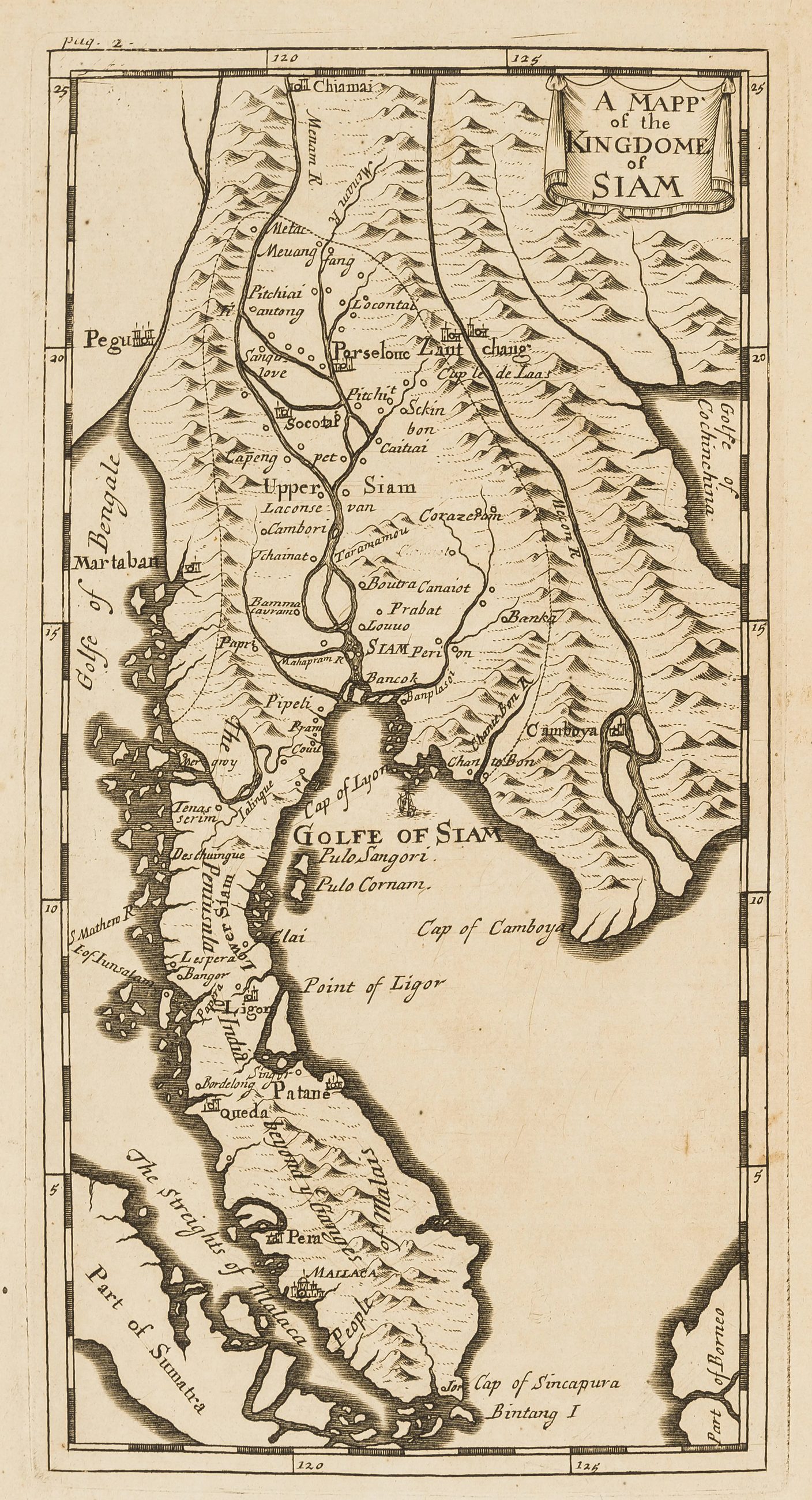 This is the English edition of a French map of Siam (Thailand) in 1693 by Simon de la Loubère.