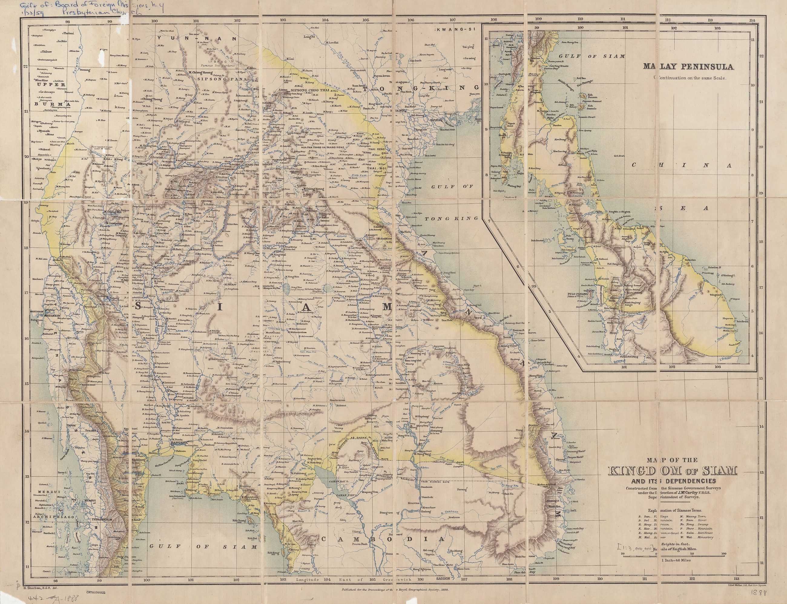 Map of the Kingdom of Siam (Thailand) and its dependencies. Siam's dependencies include Laos, parts of Cambodia and the northern Shan States. Constructed from the Siamese government surveys under the