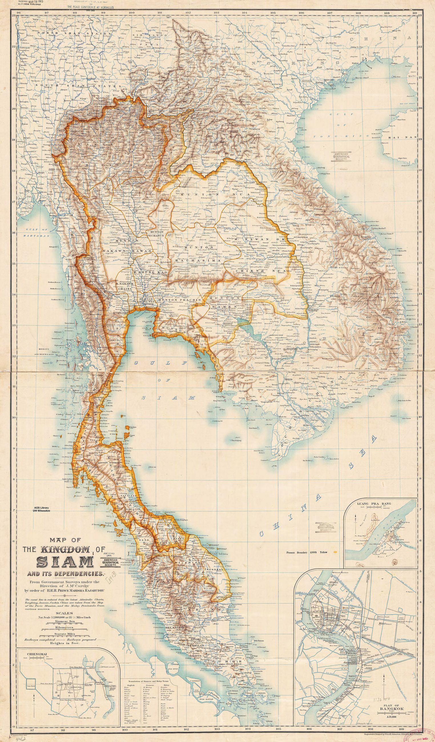 Map of the Kingdom of Siam (Thailand) and its dependencies. From Government surveys under the direction of James McCarthy by order of H.R.H. Prince Mahisra Rajarudhu. The map also shows neighboring co