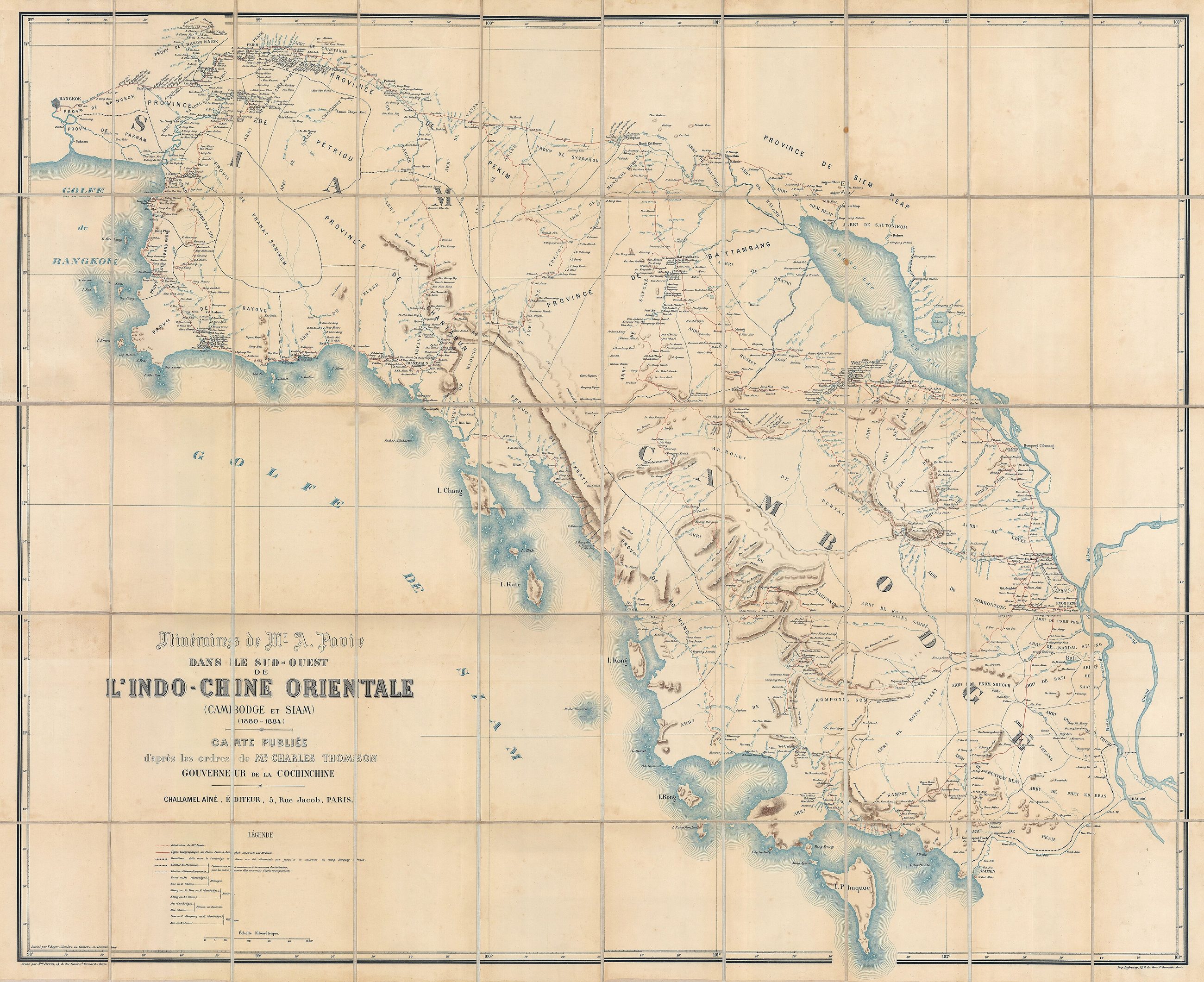 French map, title: 'Itinéraires de Mr. A. Pavie dans le sud-ouest de L'Indo-Chine Orientale (Cambodge et Siam) (1880 - 1884).' Size: 106.68 x 129.54 cm. Scale: 1 : 460000. This maps shows Battambang p