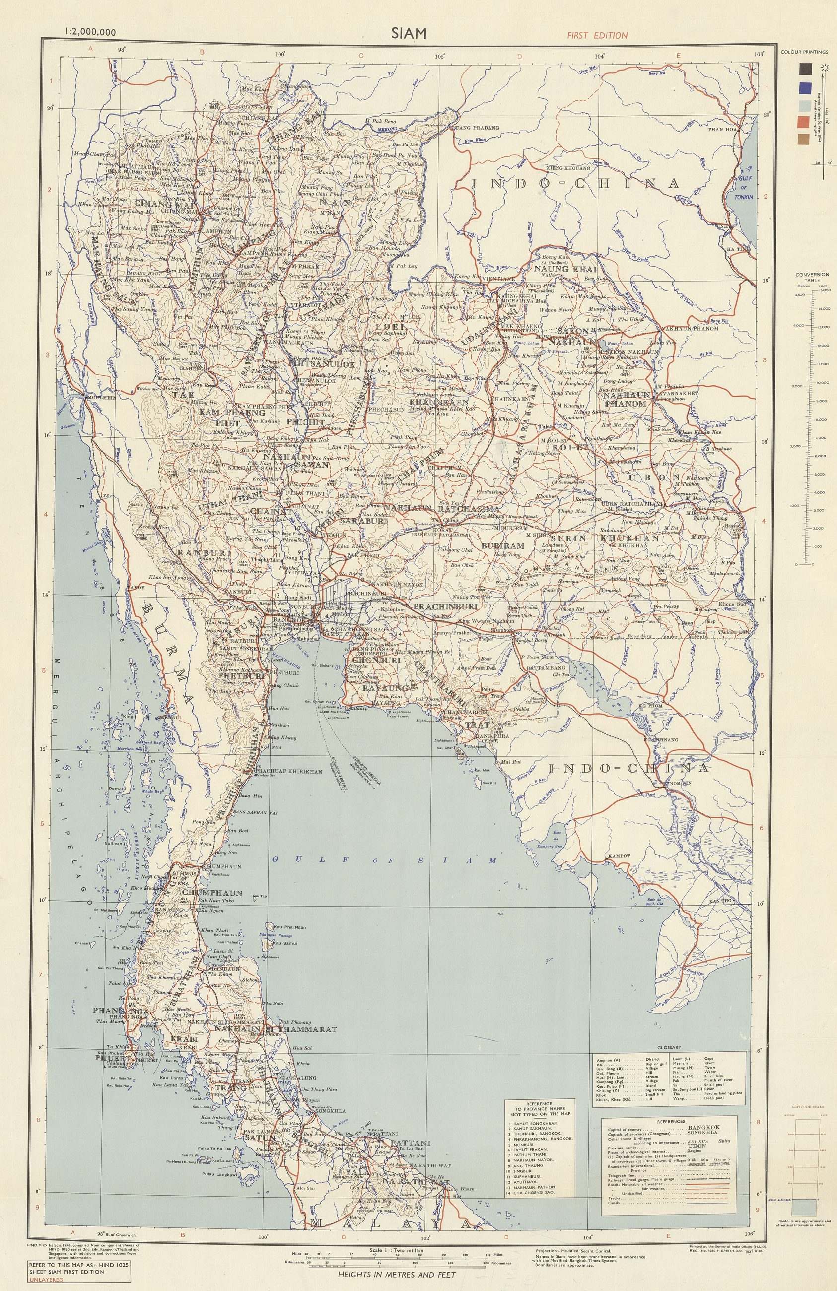 Title: 'Siam'. Map of Siam (Thailand) in 1946. Creator: War Office, London (United Kingdom). Call Number MAP G8025 1946. Dimensions: 1 map : col. ; 85 x 52 cm. on sheet 102 x 61 cm. 1st edition.