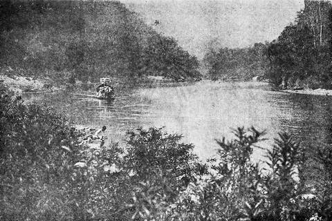 Original caption: "Boat sailing amidst rapids"