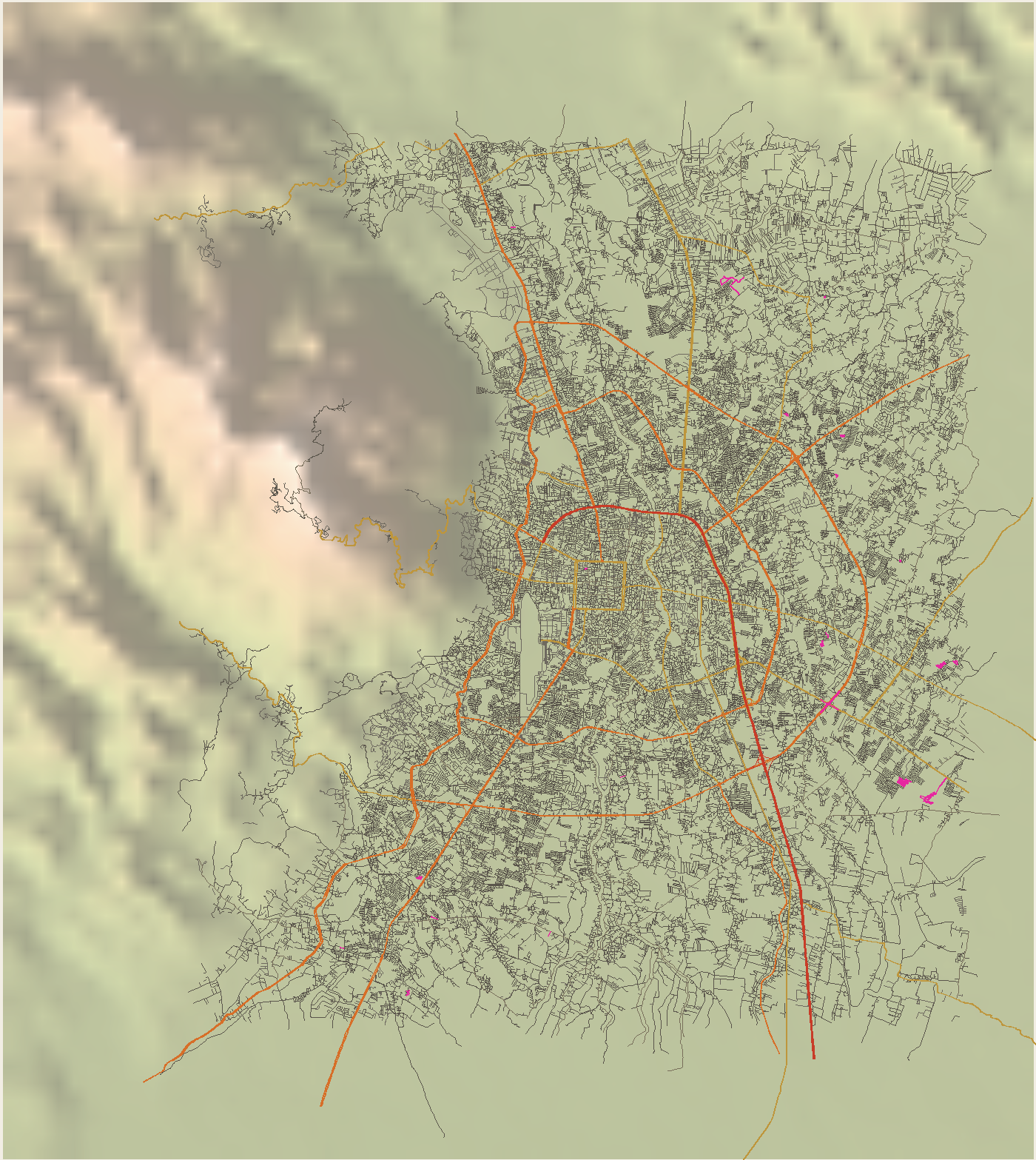 Every road in the city box over shaded relief, with the moat and the three rings drawn on top