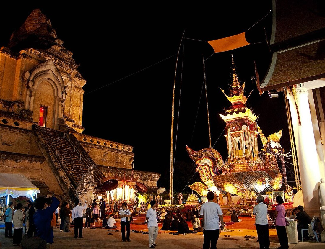 The funeral pyre for Chan Kusalo (the Buddhist "archbishop" of Northern Thailand) two days before the cremation ceremony at Wat Chedi Luang in Chiang Mai. The p
