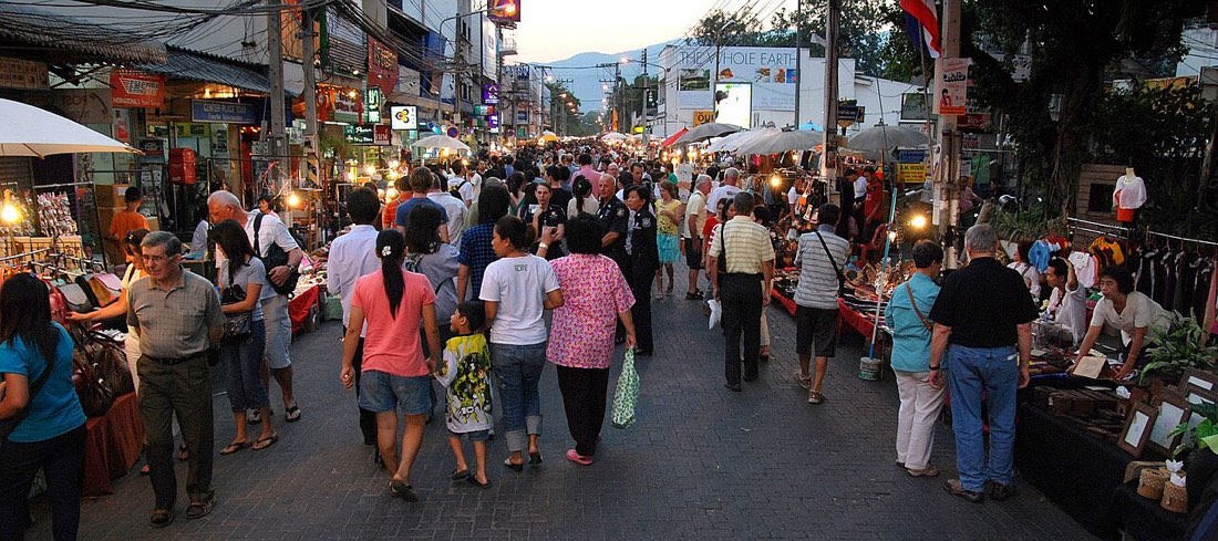 The Sunday evening walking street is a market which is held in Chiang Mai on Rachadamnoen road, the main road through the old city which leads from Tapae gate t