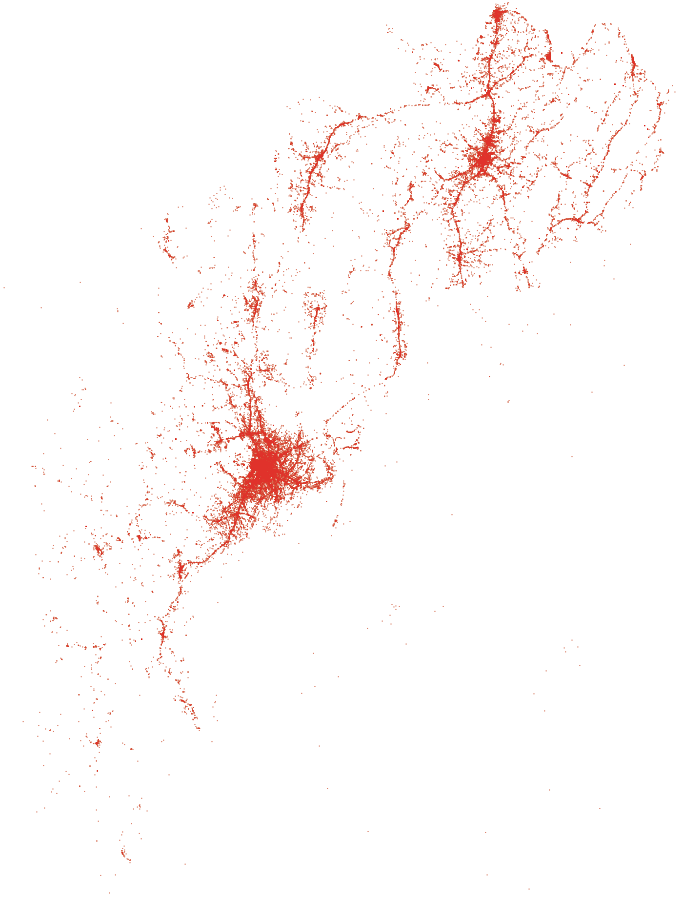 Every place in the catalogue, drawn as one dot each: Chiang Mai city at the centre, Chiang Rai to the north-east, and the highways between them picked out by the shops along them.
