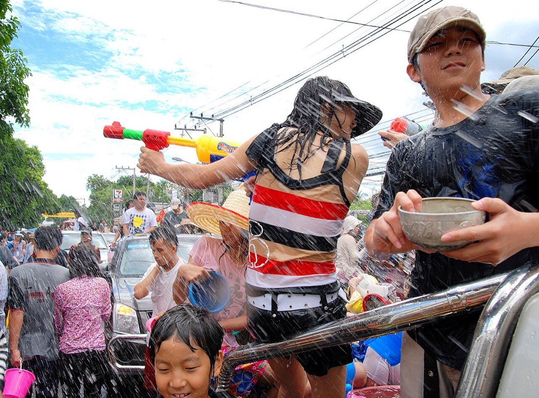 The roads along the old moat of Chiang Mai are full of vehicles during the Songkran water splashing festival.