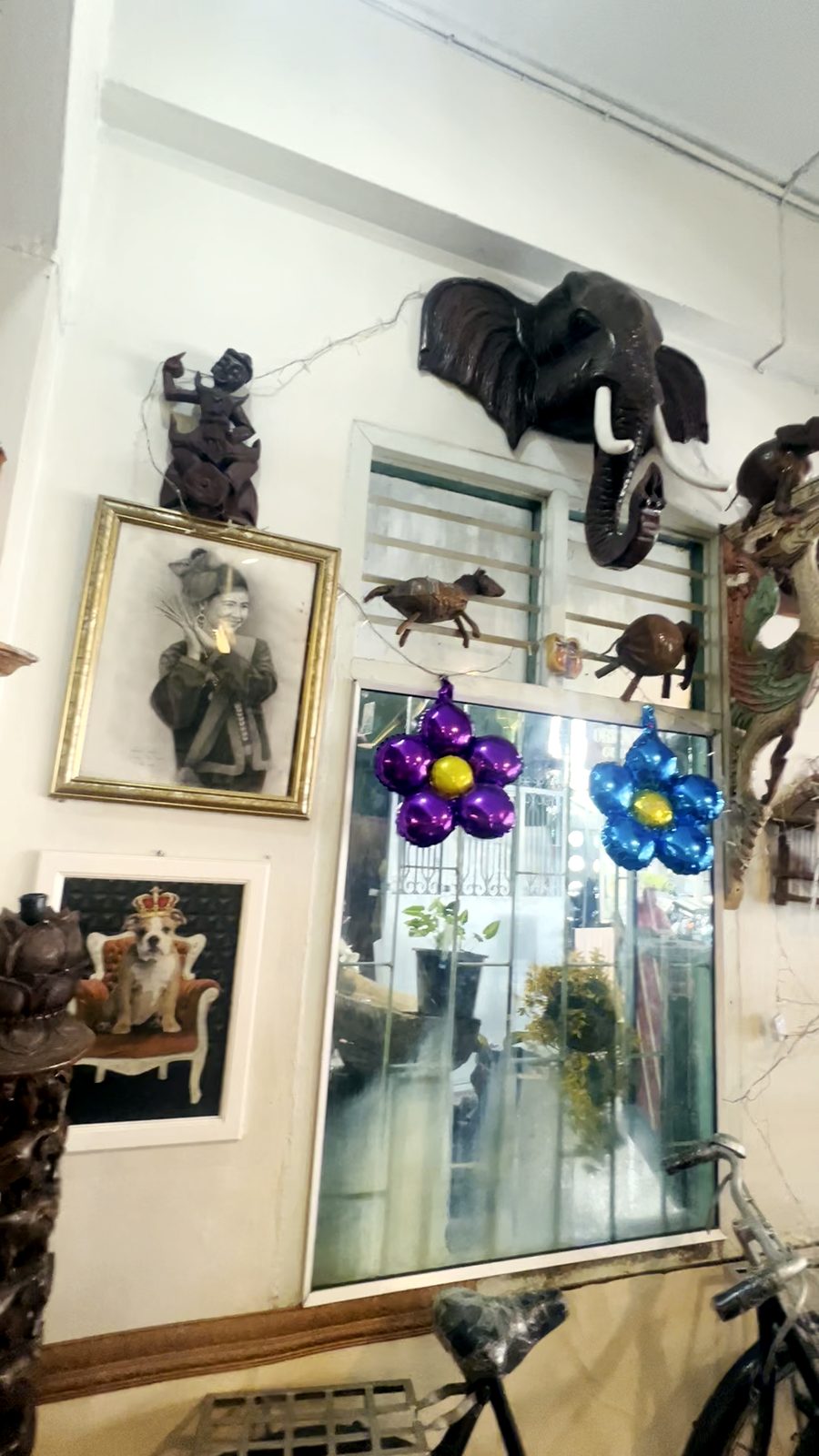 หัวช้างเรียงบนผนัง · Elephant heads along the wall