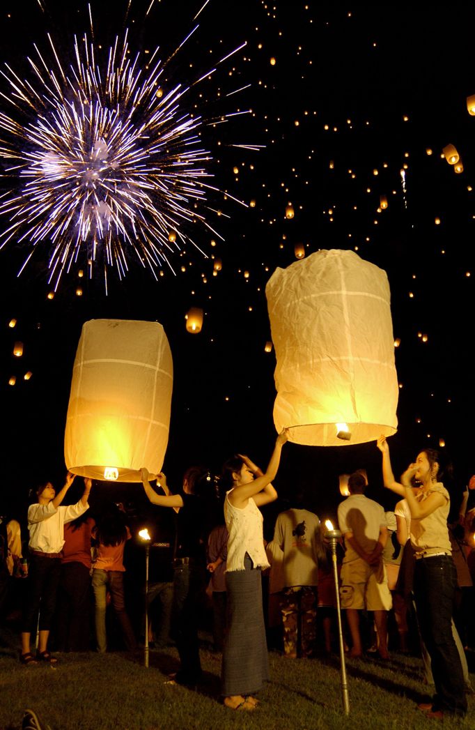 Letting two big lanterns go, Chiang Mai, 2008.