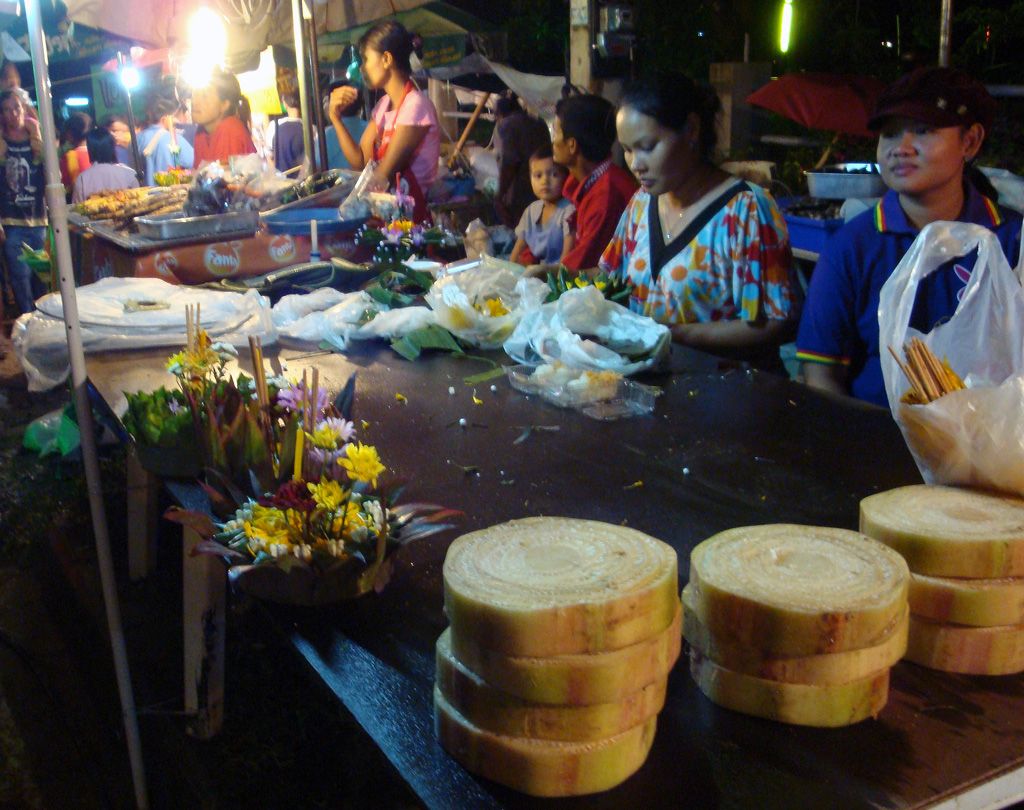 Slices of banana trunk stacked ready to become bases, Koh Samui, 2008.