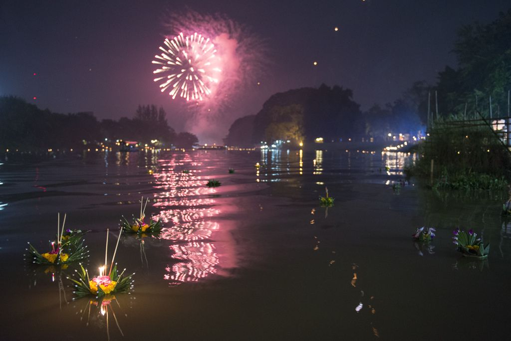Krathongs on the Ping under fireworks, Chiang Mai, 2014.