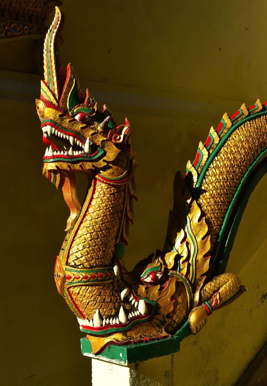 A gilded naga head at the foot of the stair, fangs bared.
