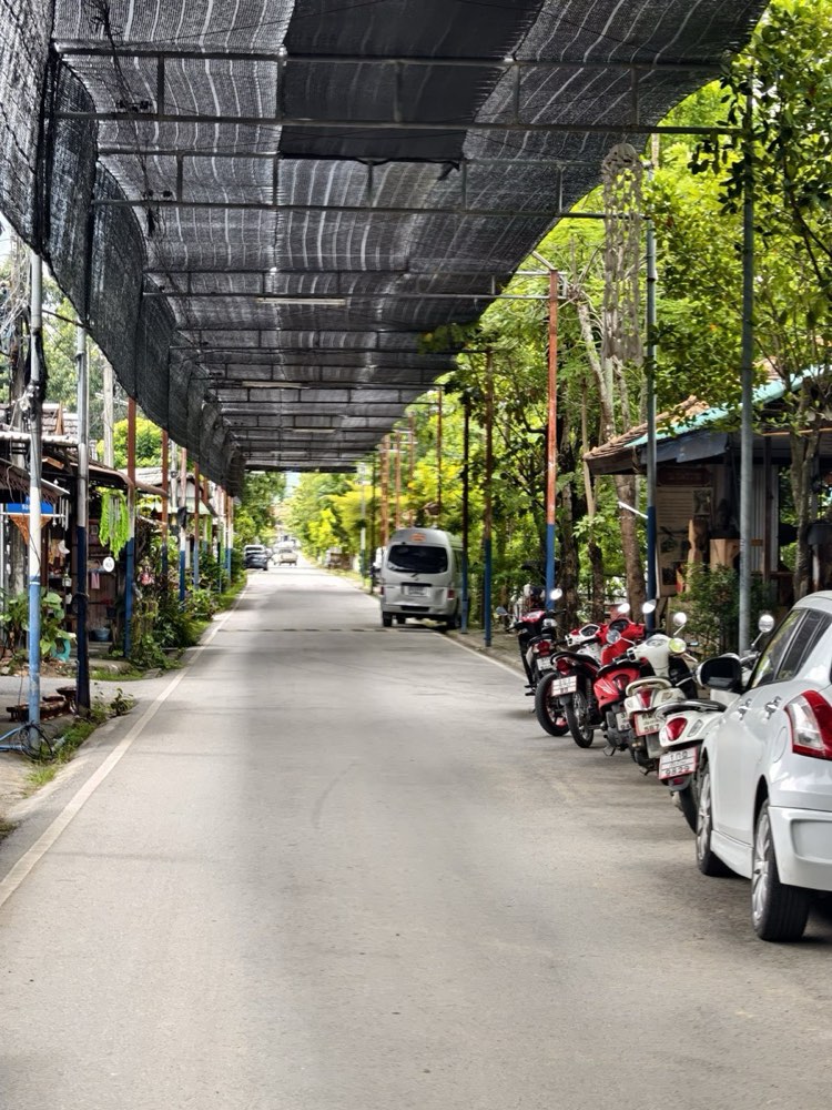 Ban Tawai's shaded street: a net awning over the road, shops on both sides