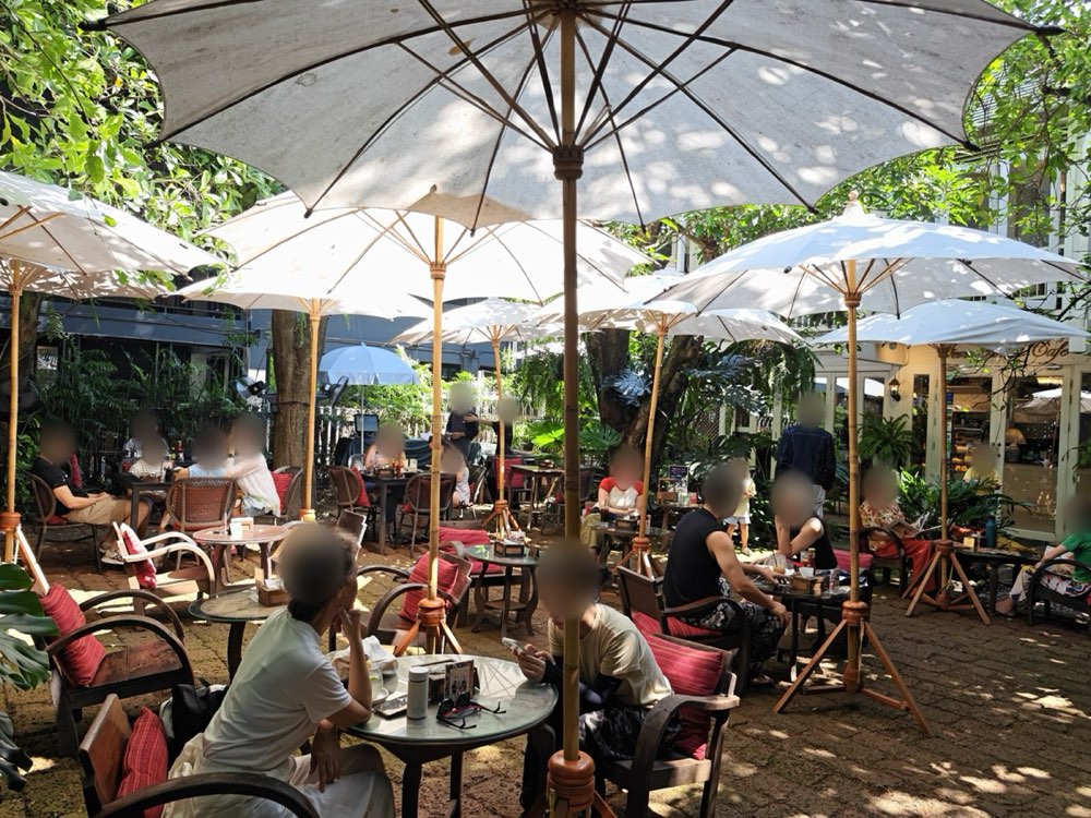 Fern Forest Cafe's garden: white paper umbrellas over the tables, red cushions, the café door behind