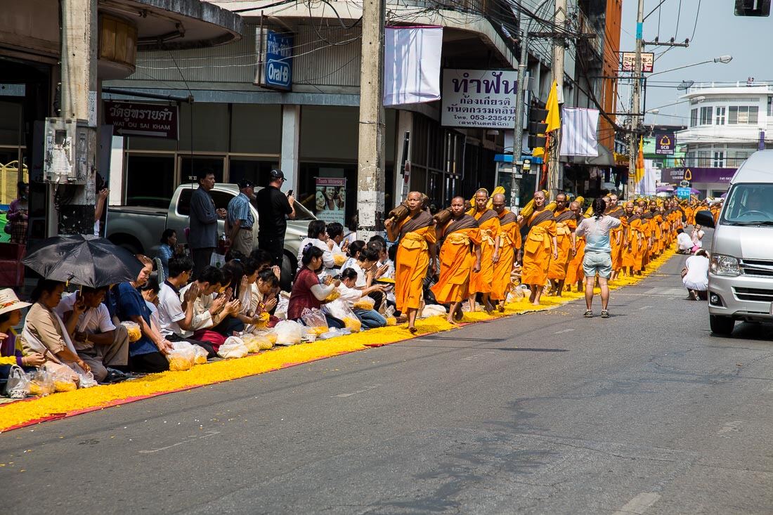 A long line of monks in orange robes walks down a street along a strip of yellow flowers while laypeople sit at the roadside with their hands together.