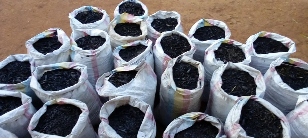 Bags of biochar soil amendment produced in Phrao